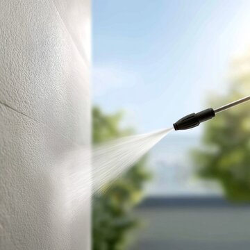 A worker uses a pressure washer to clean a house facade, revealing a spotless, bright surface