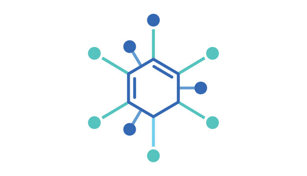 Hexagonal chemical compound diagram showing molecular structure with colorful nodes isolated on white background.