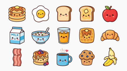 Cute kawaii breakfast food icons