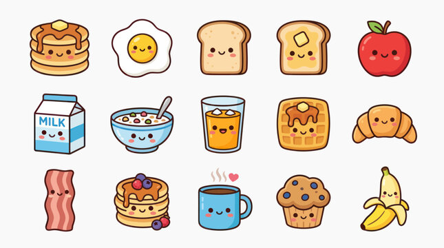 Cute kawaii breakfast food icons