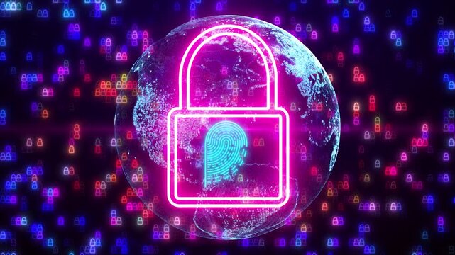 Futuristic digital cyber security padlock with a glowing cyan biometric fingerprint scanner icon over a rotating wireframe Earth globe on a dark background filled with colorful glowing lock symbols, l