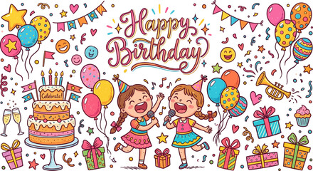 Fototapeta premium Happy birthday doodle illustration with singing girls cake balloons and gifts