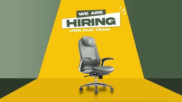 Modern hiring animation with dark green office chair for recruitment and job vacancy promotion.