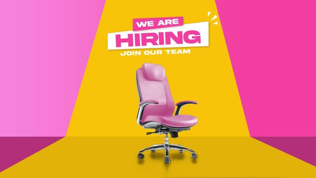 Modern hiring animation with pink office chair for recruitment and job vacancy promotion.