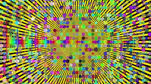 Abstract Psychedelic Optical Illusion Background Featuring Vibrant Multicolored Dots Over A Dynamic Yellow And Purple Radial Sunburst Pattern With A Central Circular Distortion Effect Creating A Hypno