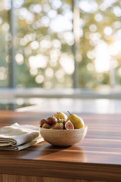 Fresh figs and pears arranged in a minimalist ceramic bowl on a modern wooden table with soft natural light and blurred garden background. Elegant healthy lifestyle concept with generous copy space