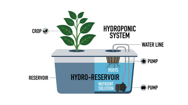Hydroponic System Diagram: Roots, Nutrient Solution, Water Line, Pumps