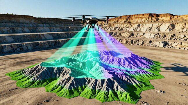 Drone surveys quarry terrain using advanced tech for 3d analysis. Creates digital landscape map. Shows detailed topography for mining site planning and geological survey. Efficient data capture.