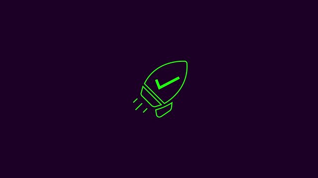 green Animated Rocket Launch Icon with Checkmark, Minimal Line Art Motion Graphic