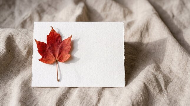 Thanksgiving day greeting card with red maple leaf on beige fabric background