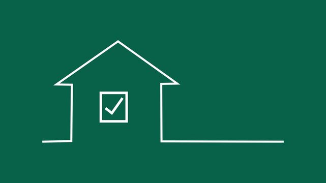 white House Icon Animation with Checked Window on Dark Maroon Background