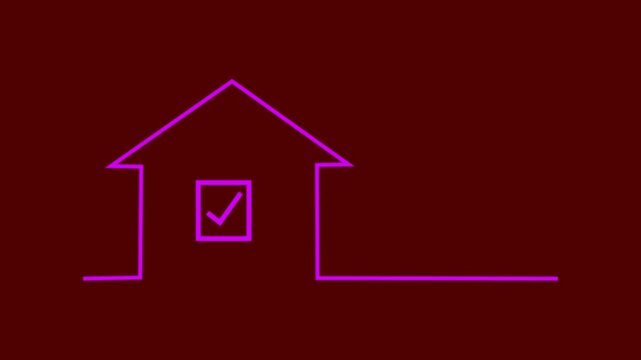 Purple House Icon Animation with Checked Window on Dark Maroon Background