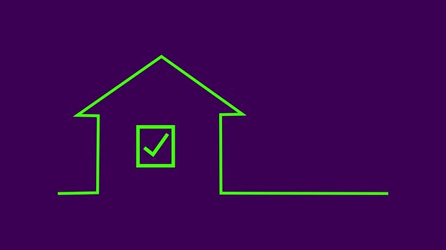 green House Icon Animation with Checked Window on Dark Maroon Background