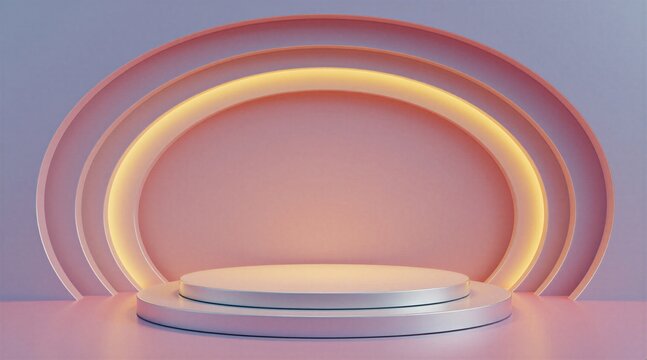 Minimalist pastel stage with rounded layers and soft lighting. Empty circular pedestal platform for product showcase or event display. Clean modern exhibition design.