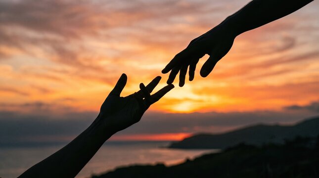 Gratitude and love on thanksgiving day silhouette of two hands reaching for each other at sunset