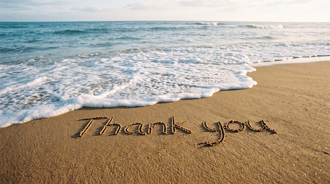 Thanksgiving day beach message 'thank you' written in sand with ocean waves