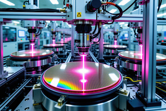 Industrial euv lithography machine processes silicon wafer inside clean room plant. Robotic laser system performs microchip fabrication using ultraviolet light beam. Precision automation