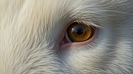 Fototapeta premium Extreme close up shot of animal eye with golden iris, soft white fur texture. Detailed brown pupil reflects light. Macro view of domestic pet looking forward. Sharp focus on organic wild mammal