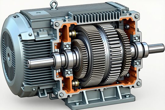 Cross section view of industrial induction motor integrated with gearbox. Steel mechanical assembly features rotating gears rotor shaft, metal housing. Engineering hardware device isolated on white