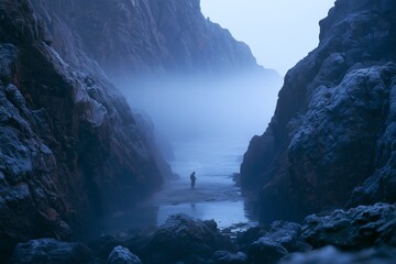 Fototapeta premium Fog Drifting Between Cliff Walls of a Nordic Fjord at Dawn