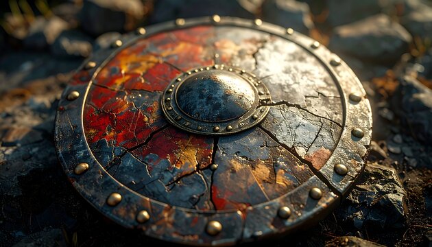 A worn, cracked, and weathered metal shield with a central boss