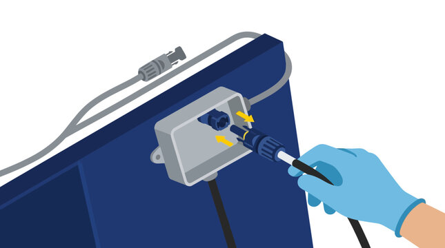 Hand in glove connecting solar panel connector to junction box