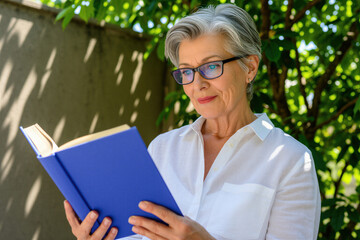 Fototapeta premium Mature woman with grey hair wears glasses, white shirt reading book outdoors. Senior female enjoys literature sitting in green park garden during spring day. Smiling lady relaxes with novel in