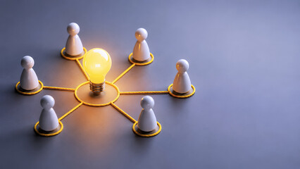 Obraz premium Connected people surrounding a glowing light bulb, knowledge sharing and team collaboration concept with copy space