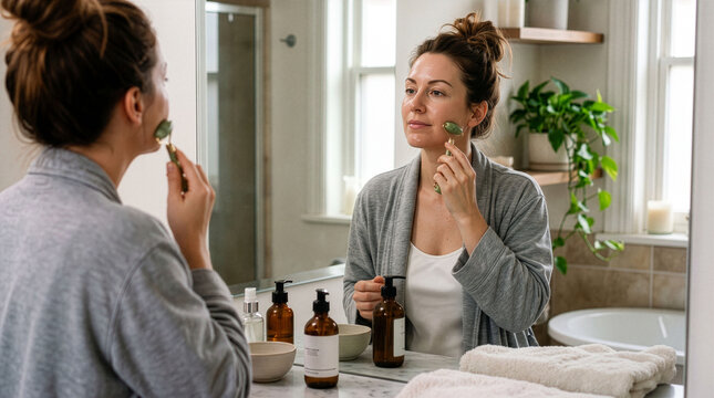 Woman Applying Skincare Cream in Bathroom Mirror