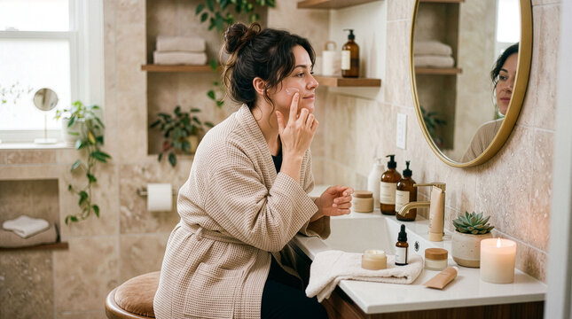 Woman Applying Skincare Cream in Bathroom Mirror