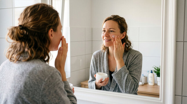 Woman Applying Skincare Cream in Bathroom Mirror