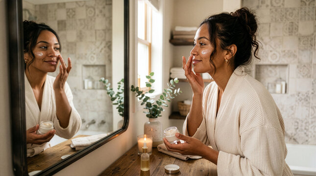 Woman Applying Skincare Cream in Bathroom Mirror