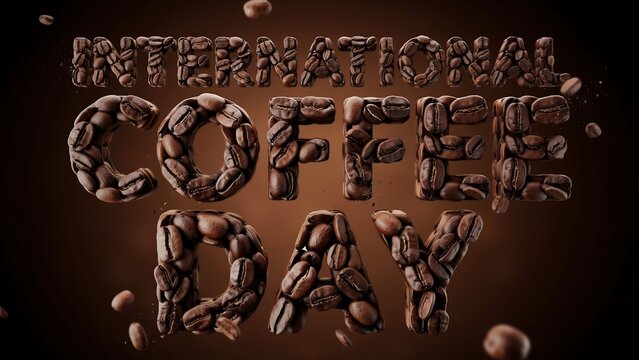 International Coffee Day celebration with brown coffee beans forming words on dark background