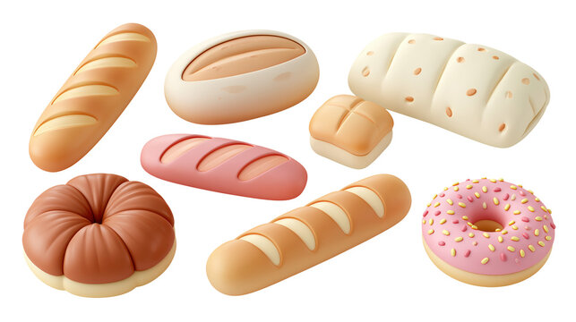 Appetizing assorted bread and donut icons featuring soft 3d render style isolated on transparent background for professional bakery menu