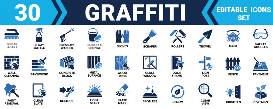Set of thirty graffiti removal and surface cleaning icons for professional maintenance and restoration work Minimal solid fill icon set bundle collection. Editable Vector Illustration Mega pack