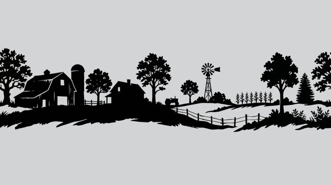 Rural farm landscape silhouette