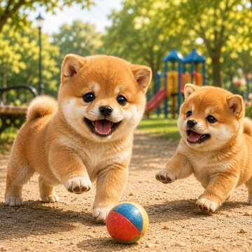 Shiba Inu Puppies Playing with a Ball