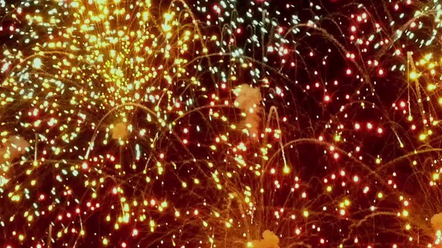 Vibrant and luminous fireworks explode in the night sky, creating a magical spectacle. Shimmering displays of light paint the darkness, commemorating Christmas and the arrival of New Year.