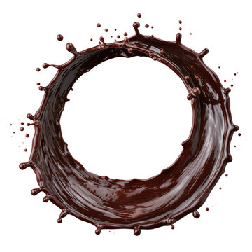 Dark cocoa liquid swirl forming a high velocity circular ring with intricate spray patterns and textured isolated on transparent background