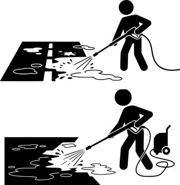 Outdoor surface maintenance service icon set showing man cleaning asphalt road highway and pressure washing concrete floor patio driveway silhouette