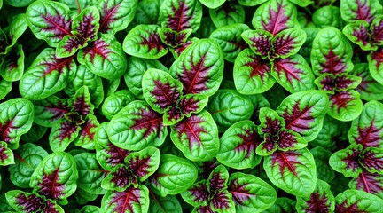 Fototapeta premium Red spinach plants grow close together in garden bed. Lush green leaves with vibrant purple centers show healthy growth, ready for harvest. Rich foliage fills frame.