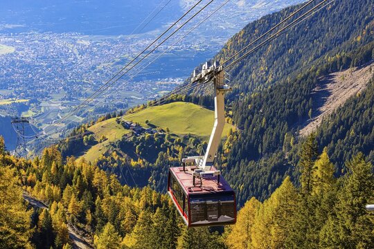 Merano 2000 mountain railway, near the summit station, below the spa town of Merano, South Tyrol, Italy