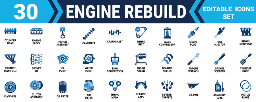 Set of thirty engine rebuild tools and car mechanical parts icons for automotive repair and maintenance Minimal solid fill icon set bundle collection. Editable Vector Illustration Mega pack