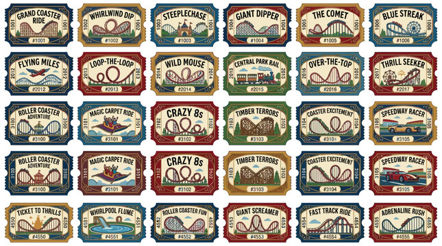 Retro Amusement Park Tickets Collection - Roller Coasters, Rides, Thrills