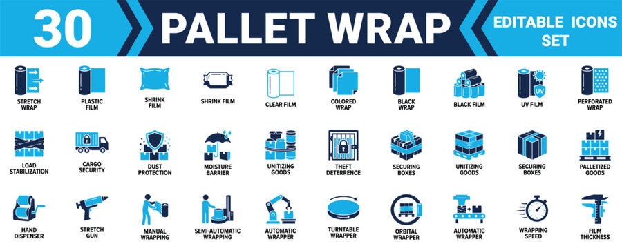Set of 30 pallet wrap icons featuring plastic stretch film and industrial cargo packing equipment Minimal solid fill icon set bundle collection. Editable Vector Illustration Mega pack