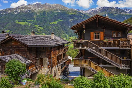 Old wooden houses with external staircases and balconies, historic village centre, Grimentz, Val d'Anniviers, Valais Alps, Canton Valais, Switzerland