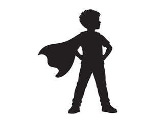 Silhouette of a young boy dressed as a superhero with a cape on a white background
