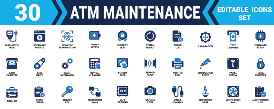 Set of 30 atm maintenance and banking machine repair icons for technical support and digital service work Minimal solid fill icon set bundle collection. Editable Vector Illustration Mega pack