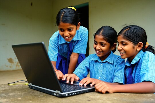 Indian school girls in blue uniform use laptop computer in rural government class. Students learn tech skills on mobile device during lesson at village school. Happy children gain knowledge