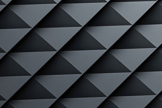 Grey triangle geometric pattern forms modern wall surface. Dark metal architecture texture creates sharp shadow lines. Minimalist abstract background design features structural modular building